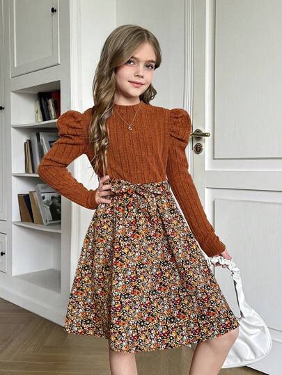 Serisse Kids Robe de fille pré-adolescente en couleur marron, style bohème, tricotée, col rond, manches longues, patchwork et fleurs. Convient pour l'automne-hiver, robe d'hiver pour les vacances
