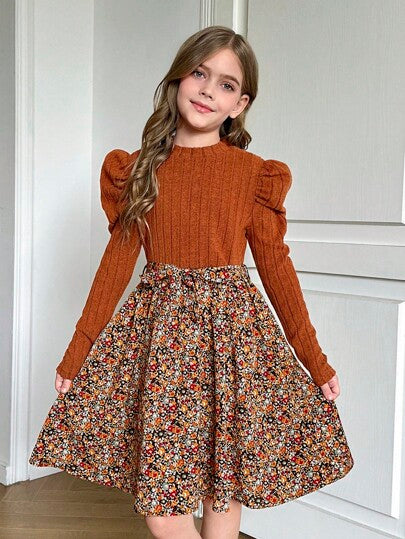 Serisse Kids Robe de fille pré-adolescente en couleur marron, style bohème, tricotée, col rond, manches longues, patchwork et fleurs. Convient pour l'automne-hiver, robe d'hiver pour les vacances