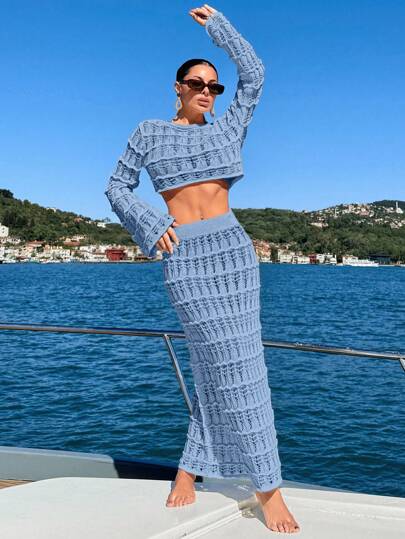 EURMUSE Jupe cache-maillot en tricot crocheté ajouré, style de villégiature, automne, grande taille