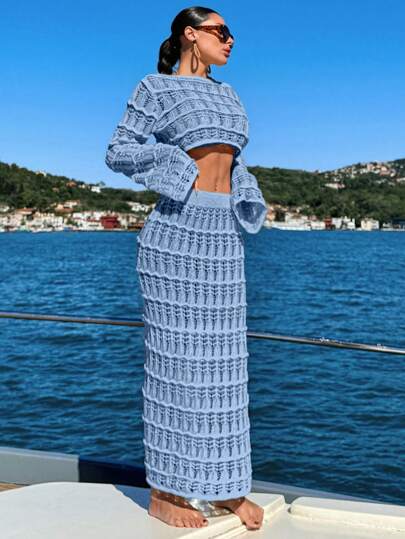 EURMUSE Jupe cache-maillot en tricot crocheté ajouré, style de villégiature, automne, grande taille