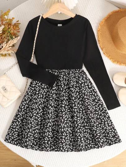 Robe à manches longues en tricot à col rond avec patchwork floral décontracté pour les préadolescentes en automne hiver et les fêtes