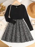 Robe à manches longues en tricot à col rond avec patchwork floral décontracté pour les préadolescentes en automne hiver et les fêtes