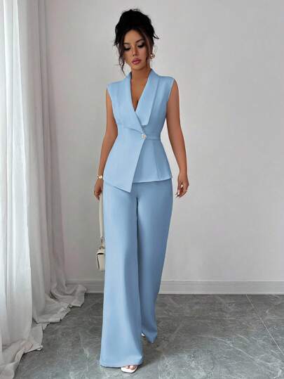 Elenzga Ensemble 2 pièces élégant d'été bleu bébé pour femme, veste blazer sans manches à col et ourlet asymétrique avec boucle métallique & pantalon extensible