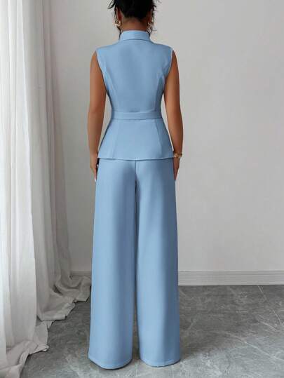 Elenzga Ensemble 2 pièces élégant d'été bleu bébé pour femme, veste blazer sans manches à col et ourlet asymétrique avec boucle métallique & pantalon extensible