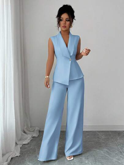Elenzga Ensemble 2 pièces élégant d'été bleu bébé pour femme, veste blazer sans manches à col et ourlet asymétrique avec boucle métallique & pantalon extensible