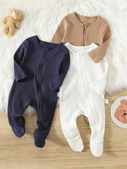 3 pièces/set Barboteuse/Combinaison en tricot côtelé à manches longues, col rond, fermeture éclair devant pour bébé garçon nouveau-né, douce et confortable