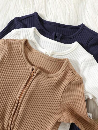 3 pièces/set Barboteuse/Combinaison en tricot côtelé à manches longues, col rond, fermeture éclair devant pour bébé garçon nouveau-né, douce et confortable