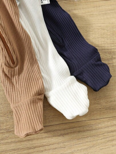 3 pièces/set Barboteuse/Combinaison en tricot côtelé à manches longues, col rond, fermeture éclair devant pour bébé garçon nouveau-né, douce et confortable