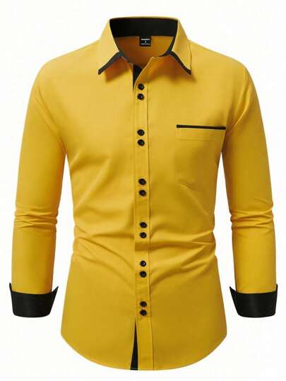 Calvornis Chemise formelle décontractée pour homme à manches longues, boutonnage simple, couleurs contrastées, jaune, style business mode, pour le travail, l'automne et les cérémonies