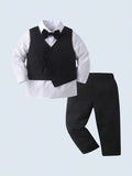 BOARNSEORL Ensemble de costume 3 pièces pour jeunes garçons, chemise à manches longues avec nœud papillon, gilet noir et pantalon, mode décontractée pour fête, événement, premier anniversaire, mariage, anniversaire