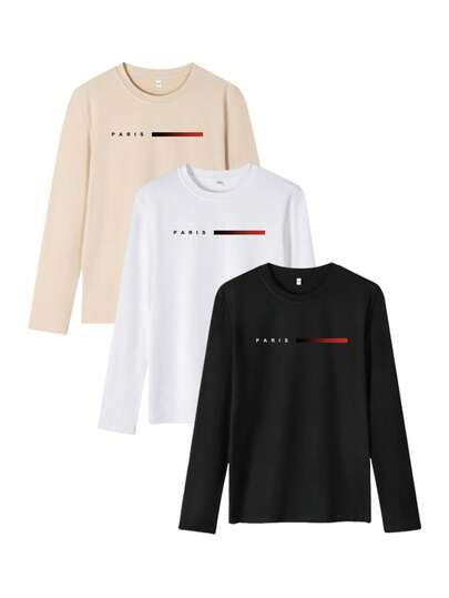 3 pièces/Paquet T-shirts à manches longues basiques imprimés de lettres pour hommes, tee-shirt d'automne, vêtements d'automne