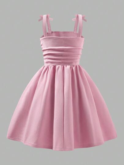 Elladie kids Robe élégante à bretelles plissées avec nœud papillon, couleur unie, pour préadolescentes. Convient pour les sorties, les fêtes et les événements au printemps/été