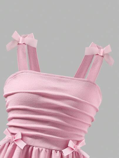 Elladie kids Robe élégante à bretelles plissées avec nœud papillon, couleur unie, pour préadolescentes. Convient pour les sorties, les fêtes et les événements au printemps/été