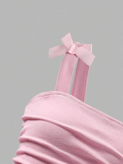 Elladie kids Robe élégante à bretelles plissées avec nœud papillon, couleur unie, pour préadolescentes. Convient pour les sorties, les fêtes et les événements au printemps/été