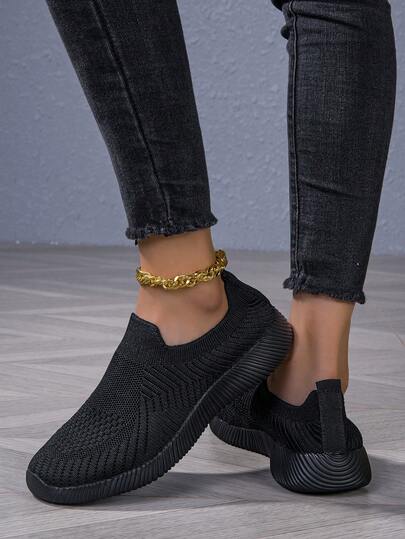 Chaussures plates décontractées respirantes en tricot noir pour femmes, légères et confortables pour un usage casual, sportif et quotidien