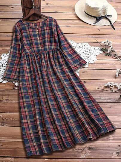 Linhara Robe décontractée à manches longues et col rond pour femmes grandes tailles, convient pour l'extérieur, le port quotidien, la campagne, l'automne/hiver