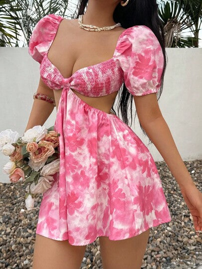 Flirla Robe mini à manches bouffantes à imprimé floral tie-dye, mode polyvalente et décontractée pour les vacances, printemps/été