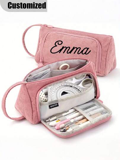 Trousse à crayons en velours côtelé de grande capacité personnalisée avec poignée, pochette organisatrice de papeterie multifonctionnelle personnalisée, fournitures d'organisation de bureau scolaire