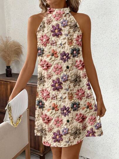 Clasi Robe courte d'été décontractée et rétro à motif floral pour femmes, convient pour l'été