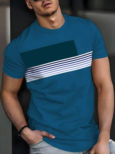 Manfinity Homme Tee-shirt col rond à manches courtes d'été pour hommes, style avec blocs de couleurs et rayures