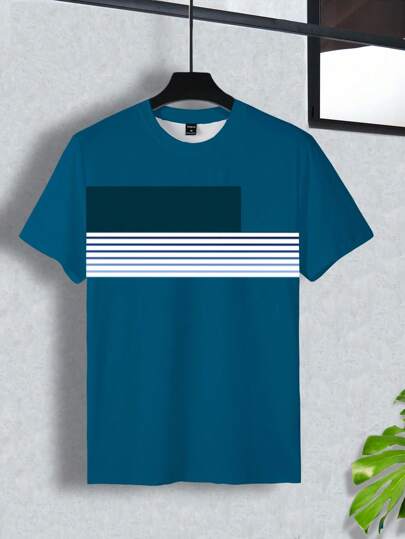 Manfinity Homme Tee-shirt col rond à manches courtes d'été pour hommes, style avec blocs de couleurs et rayures