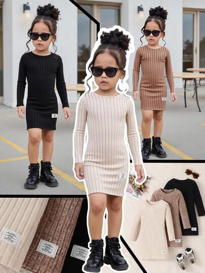 3 pièces/set Robe minimaliste élégante côtelée unie pour jeunes filles