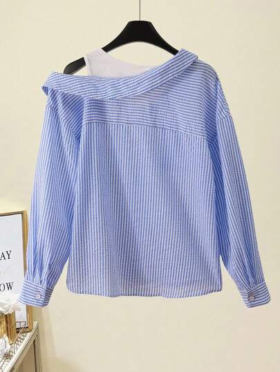 Franclia Chemise décontractée à rayures pour femmes, manches raglan courtes, texturée bleu et blanc, printemps/automne