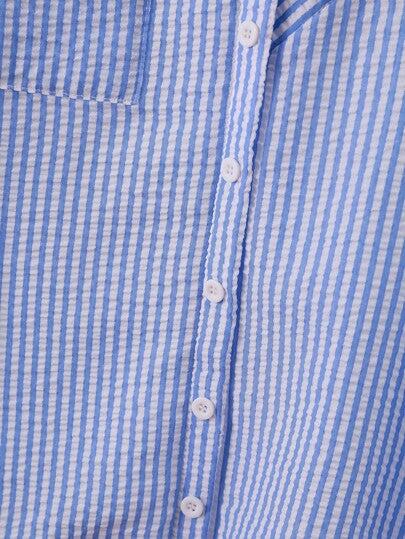 Franclia Chemise décontractée à rayures pour femmes, manches raglan courtes, texturée bleu et blanc, printemps/automne