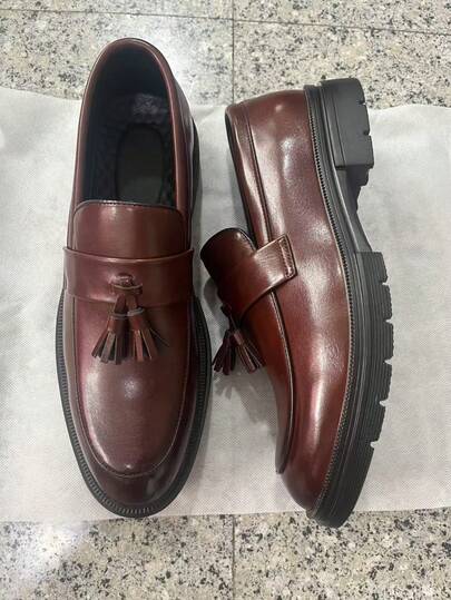 Chaussures habillées à semelle épaisse avec gland pour hommes - Mocassins habillés noirs à enfiler pour marié, mariage et coiffeur