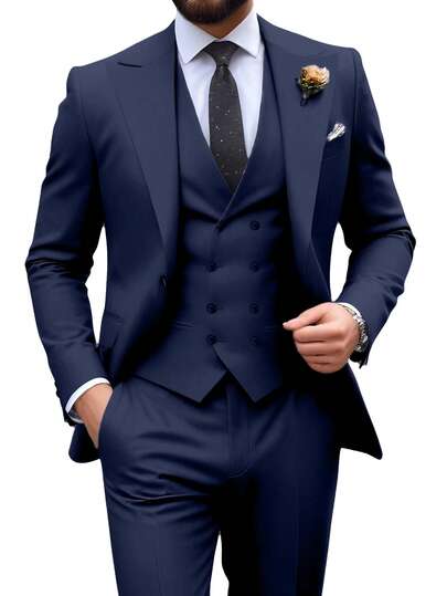 WindsorQuad Ensemble de costume 3 pièces pour hommes, couleur unie élégante, coupe slim à la mode, veste de costume de bal, gilet croisé, ensemble de pantalon, style Old Money pour affaires, fêtes et mariages