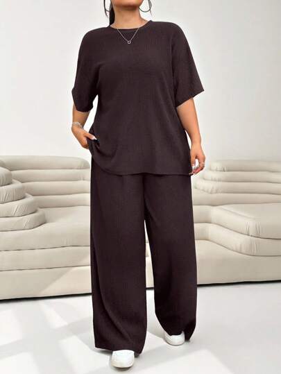 Solflare Ensemble 2 pièces grande taille, Top et pantalon de couleur unie