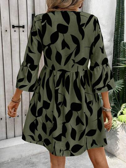 EMERY ROSE Robe de vacances ample décontractée à manches évasées avec imprimé plantes pour femmes de grande taille