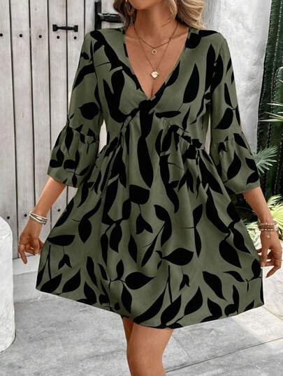 EMERY ROSE Robe de vacances ample décontractée à manches évasées avec imprimé plantes pour femmes de grande taille