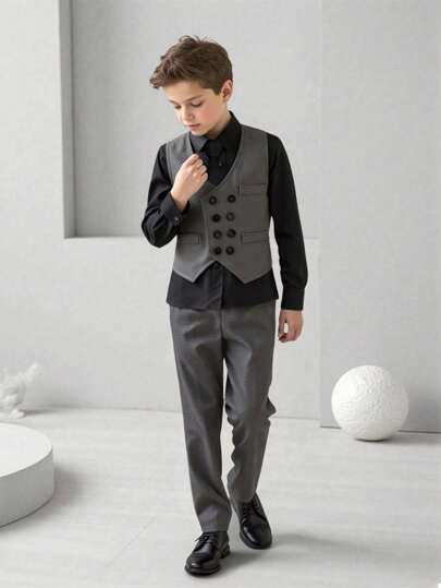 Ensemble 3 pièces pour garçon préadolescent gentilhomme - Gilet croisé + Chemise noire + Pantalon, tenue de cérémonie pour anniversaire, événement, mariage, Saint-Valentin