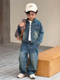 2 pièces/Ensemble Jeune garçon Automne/Hiver Style urbain vintage cool Style vintage délavé décontracté basique style quotidien Veste en denim bleu à col à revers manches longues coupe ample et jean baggy Ensemble, Vêtements d'automne/hiver, Vêtements de