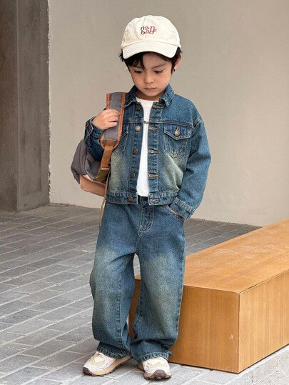 2 pièces/Ensemble Jeune garçon Automne/Hiver Style urbain vintage cool Style vintage délavé décontracté basique style quotidien Veste en denim bleu à col à revers manches longues coupe ample et jean baggy Ensemble, Vêtements d'automne/hiver, Vêtements de