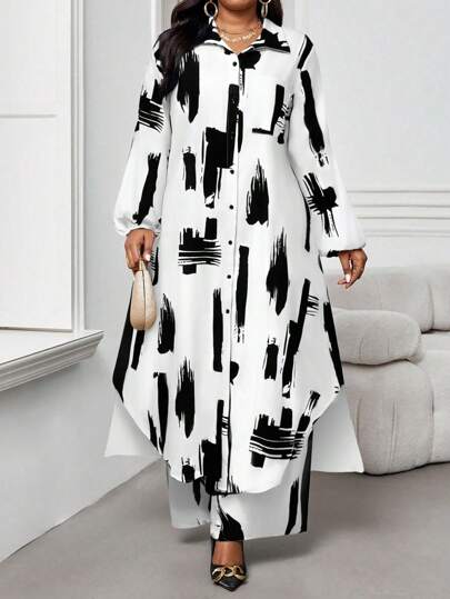 Ensemble 2 pièces femme grande taille tout blanc imprimé, élégant, automne, smart décontracté, quotidien, modeste, avec chemise à col et manches évêque, blouse longue et pantalon