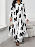Ensemble 2 pièces femme grande taille tout blanc imprimé, élégant, automne, smart décontracté, quotidien, modeste, avec chemise à col et manches évêque, blouse longue et pantalon