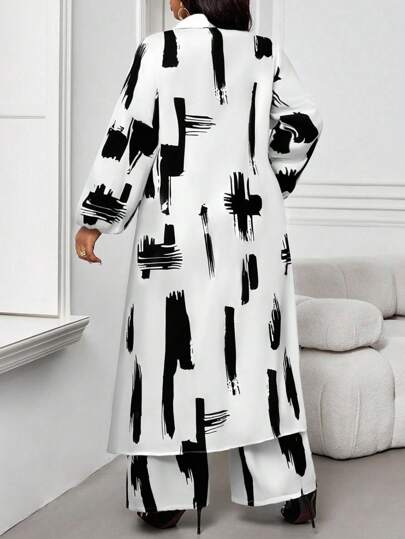Ensemble 2 pièces femme grande taille tout blanc imprimé, élégant, automne, smart décontracté, quotidien, modeste, avec chemise à col et manches évêque, blouse longue et pantalon
