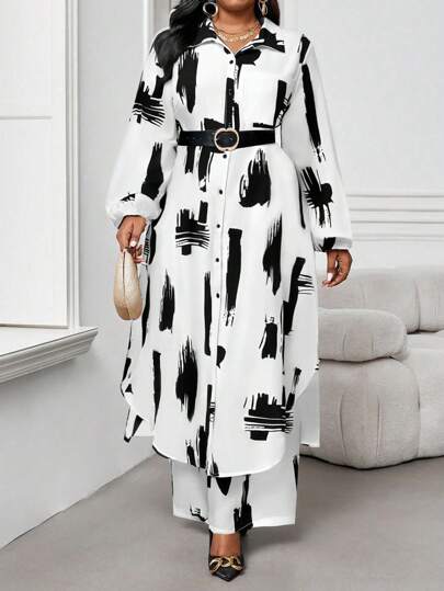 Ensemble 2 pièces femme grande taille tout blanc imprimé, élégant, automne, smart décontracté, quotidien, modeste, avec chemise à col et manches évêque, blouse longue et pantalon