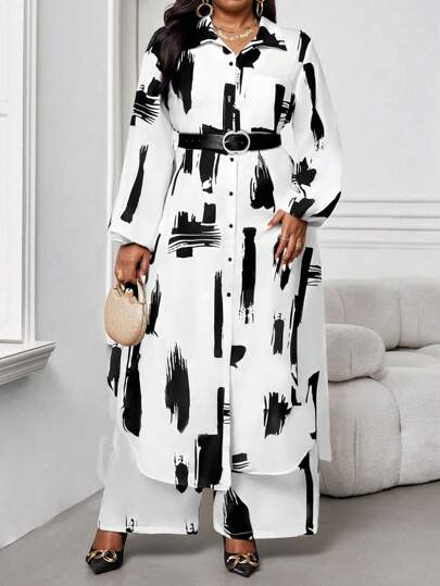 Ensemble 2 pièces femme grande taille tout blanc imprimé, élégant, automne, smart décontracté, quotidien, modeste, avec chemise à col et manches évêque, blouse longue et pantalon
