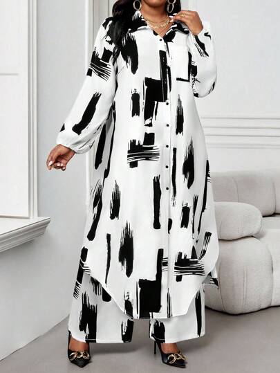 Ensemble 2 pièces femme grande taille tout blanc imprimé, élégant, automne, smart décontracté, quotidien, modeste, avec chemise à col et manches évêque, blouse longue et pantalon