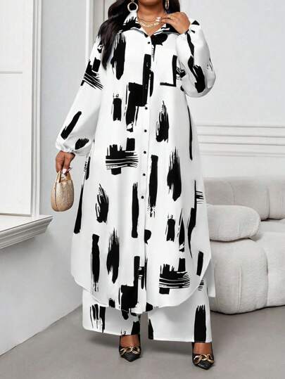 Ensemble 2 pièces femme grande taille tout blanc imprimé, élégant, automne, smart décontracté, quotidien, modeste, avec chemise à col et manches évêque, blouse longue et pantalon