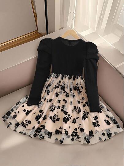 Robe élégante et décontractée pour préadolescentes, col rond, manches bouffantes longues, patchwork floral, volants en maille, ourlet volantée. Convient pour Halloween, Noël, Jour des Morts, Noir