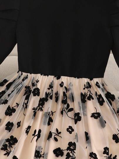 Robe élégante et décontractée pour préadolescentes, col rond, manches bouffantes longues, patchwork floral, volants en maille, ourlet volantée. Convient pour Halloween, Noël, Jour des Morts, Noir