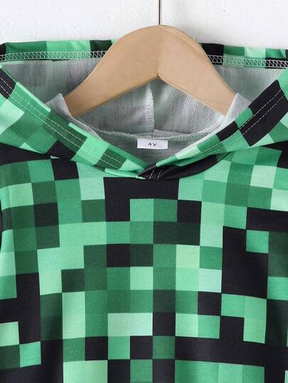 2 pièces/set sweat-shirt à capuche à manches longues avec imprimé à carreaux en mosaïque + Pantalon en patchwork à imprimé à carreaux en mosaïque et couleur unie, Automne/Hiver pour garçons
