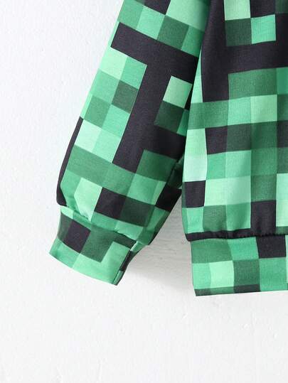 2 pièces/set sweat-shirt à capuche à manches longues avec imprimé à carreaux en mosaïque + Pantalon en patchwork à imprimé à carreaux en mosaïque et couleur unie, Automne/Hiver pour garçons