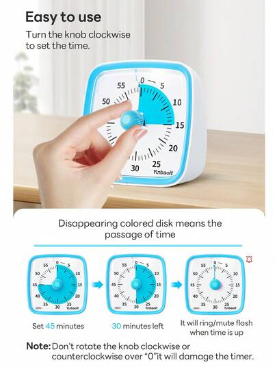 Minuteur visuel de 60 minutes avec veilleuse, convient à tout utilisateur, peut être utilisé comme minuteur silencieux à la maison, en classe, en cuisine, bleu