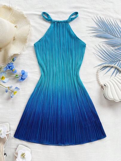 Soleia Robe mini plissée à imprimé dégradé, col ras-du-cou ajusté, pour femmes. Convient pour les fêtes, les vacances, les festivals de musique, les sorties, le thé de l'après-midi, la plage, les croisières