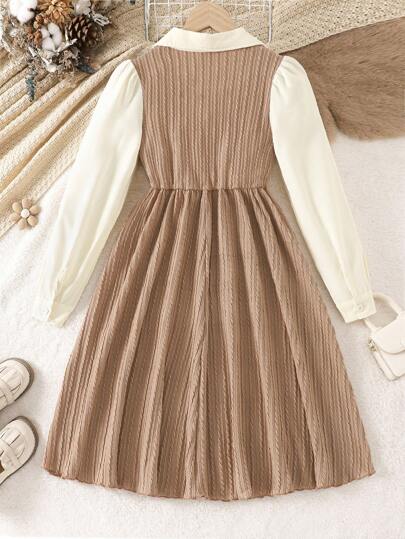 Robe midi décontractée d'automne pour grandes filles, col V avec appliqué lettre, fausse robe deux pièces, manches longues bouffantes, col chemise, coupe trapèze
